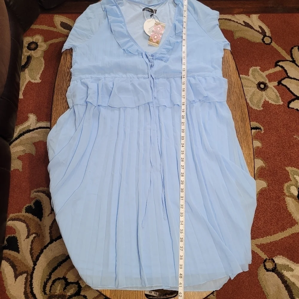 Boohoo Blue Pleated Long Sleeve Ruffle Midi Smock Dress Size Women's 6 NEW